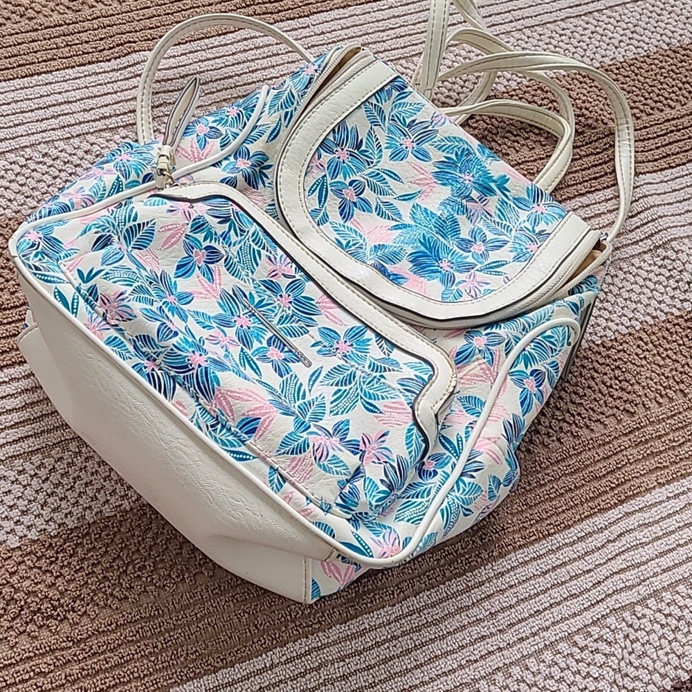Vtg Floral backpack VINTAGE‎ lots of pockets blue pink white KMART SEARS